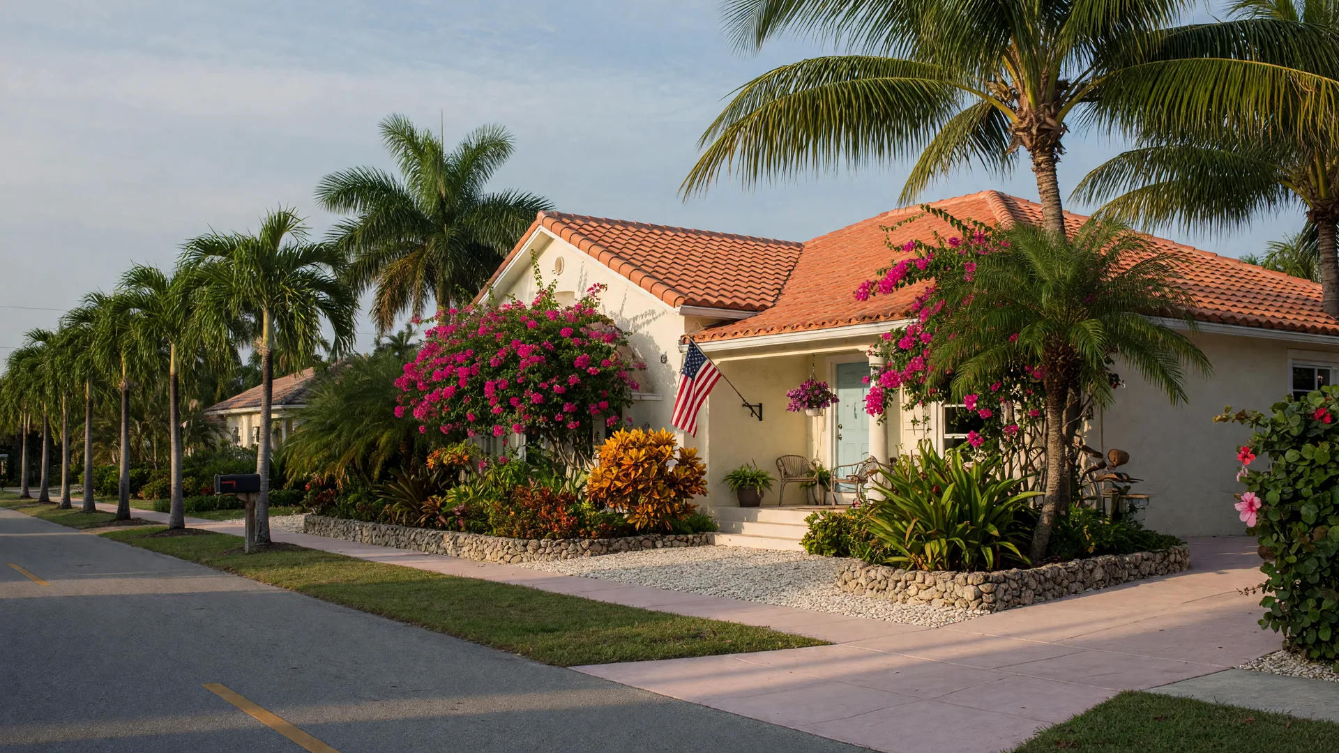 An inviting single-story Florida coastal home with a terracotta tile roof, an American flag by the front door, and tropical landscaping on a palm-lined street