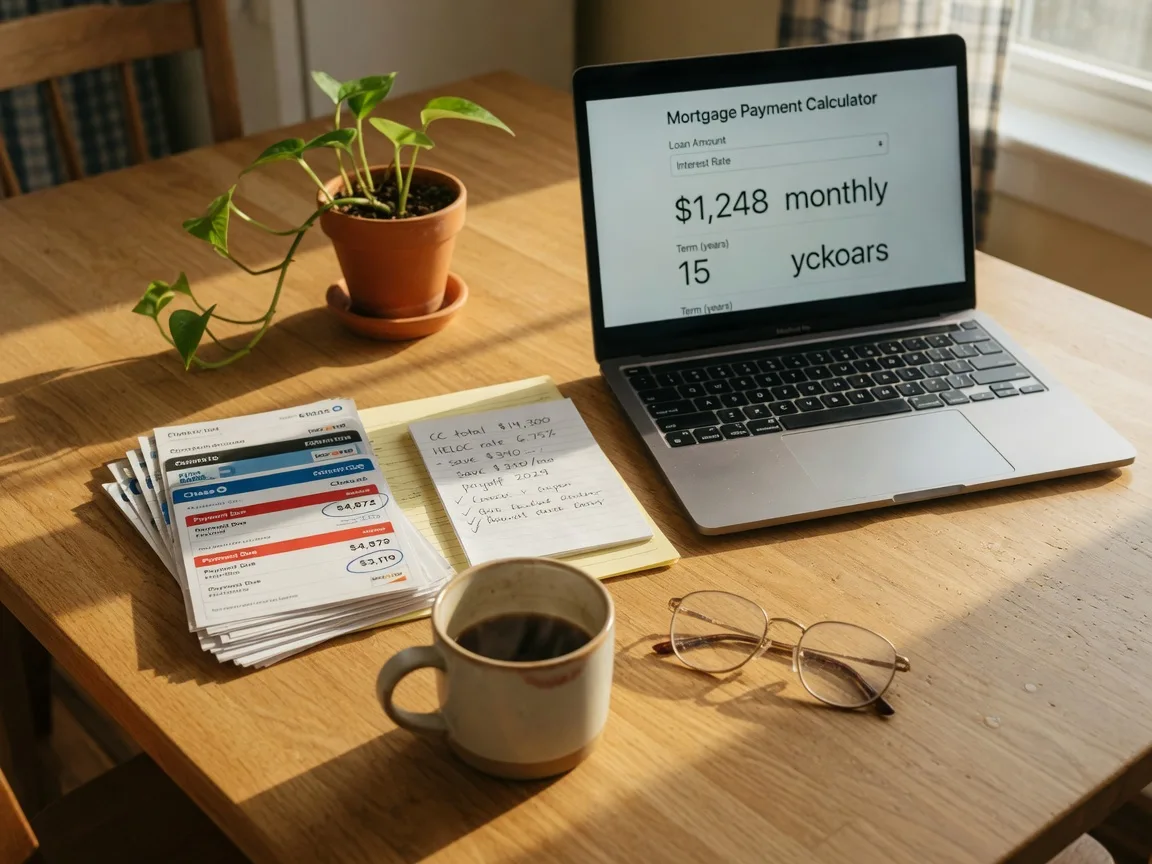 A tidy kitchen table with a laptop showing a payment calculator, a stack of credit card statements, and a hand-written budget list, representing a family comparing debt consolidation options