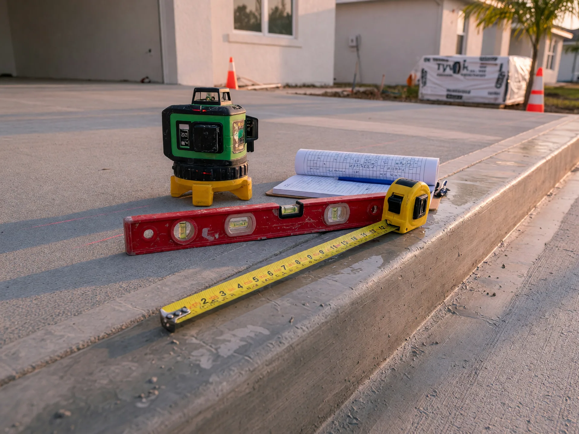 A contractor's laser level and measuring tools on a fresh concrete driveway during a pre-closing inspection.