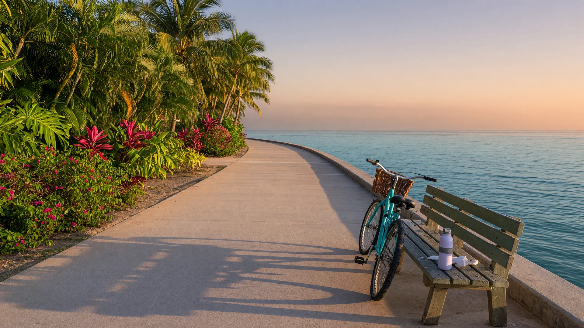 A paved coastal walking path in Honolulu at sunrise with palm trees on one side and calm ocean on the other