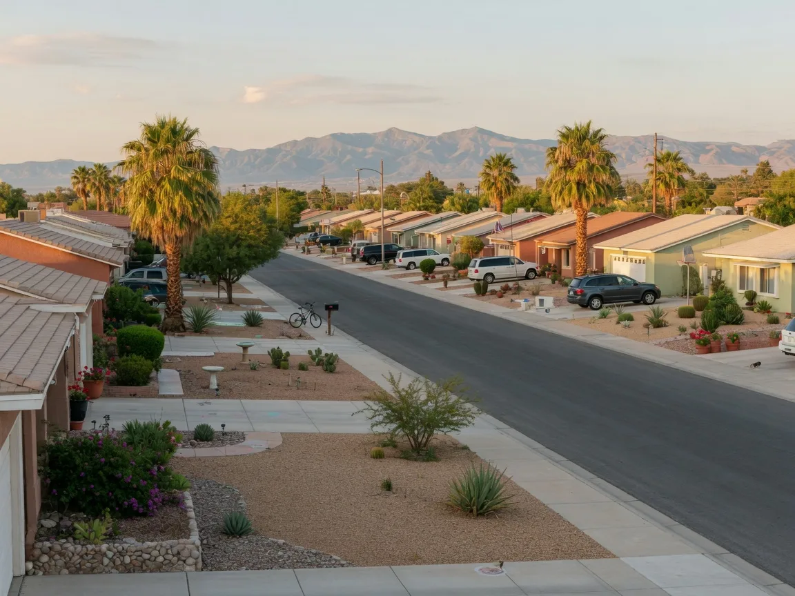 Quiet Las Vegas neighborhood street with mature desert landscaping and palm trees