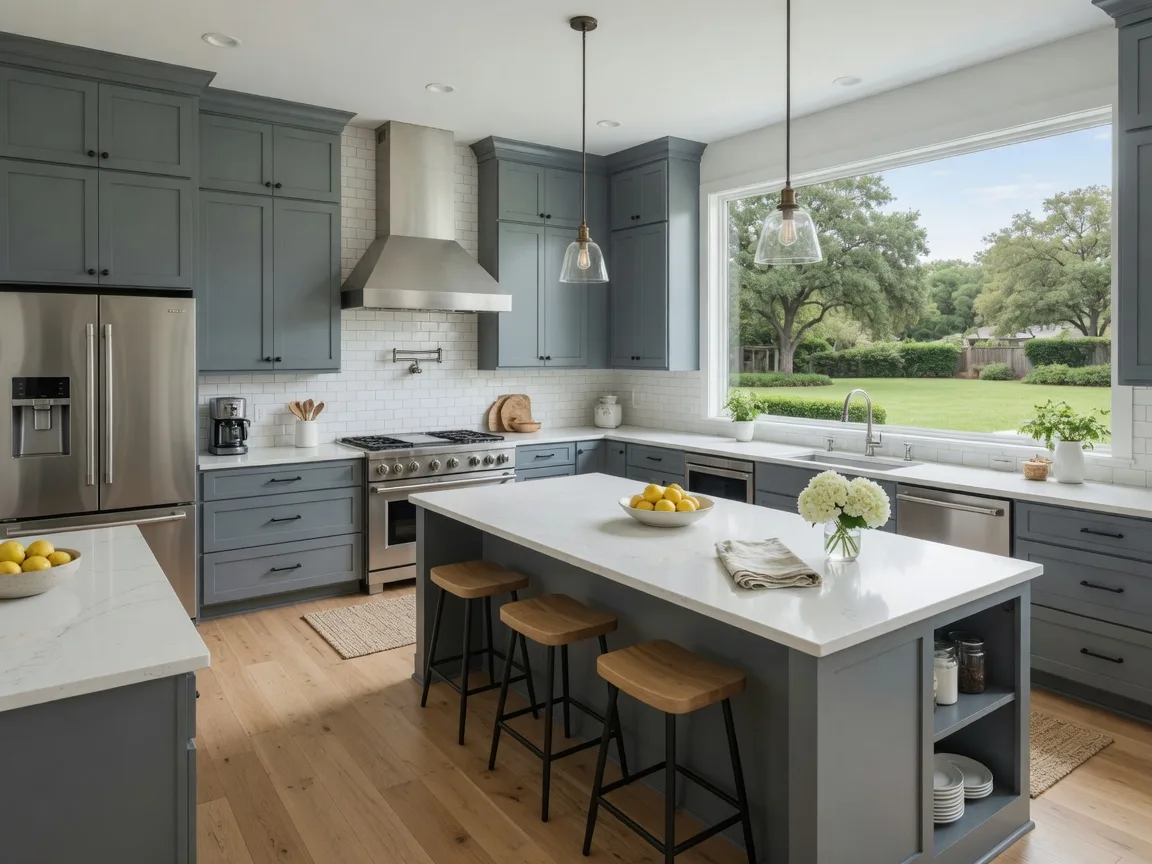 Modern colonial kitchen with gray cabinetry and central island