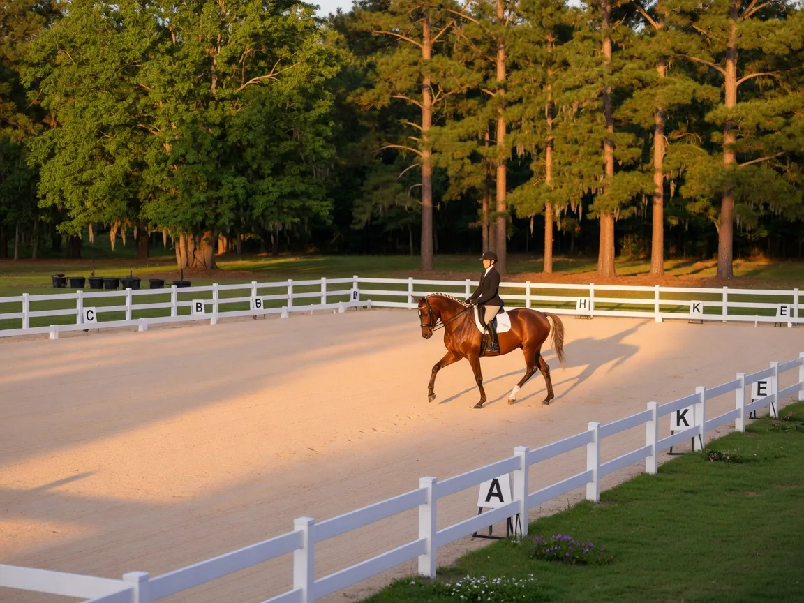 Horse performing collected trot in an outdoor dressage arena at an Aiken training facility with pine trees and white fencing