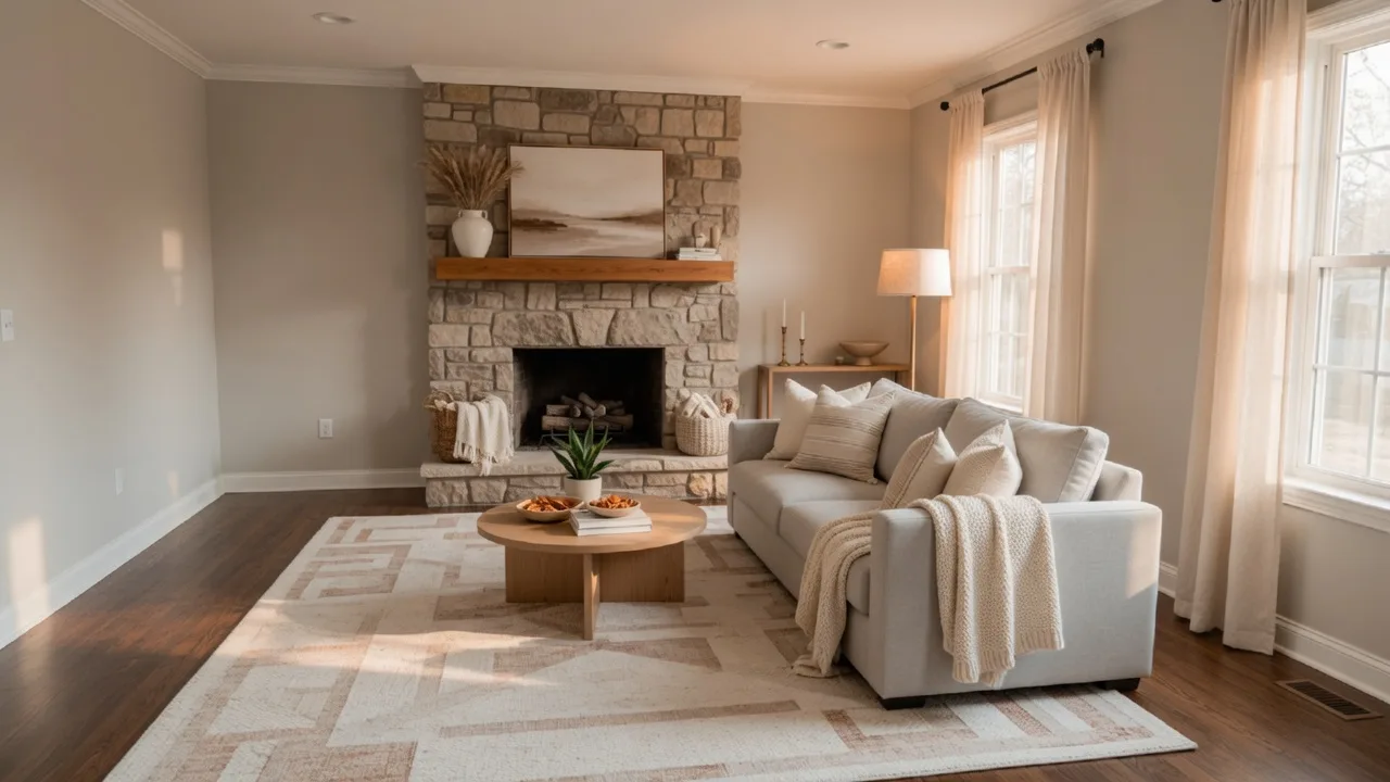 Freshly staged living room with a light gray sofa, cream throw pillows, area rug, and a stone fireplace, bright and move-in ready