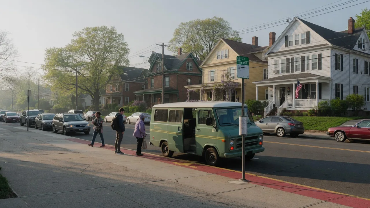 A small local shuttle-style bus stops at a leafy suburban Montclair street corner with Colonial and Victorian homes behind it
