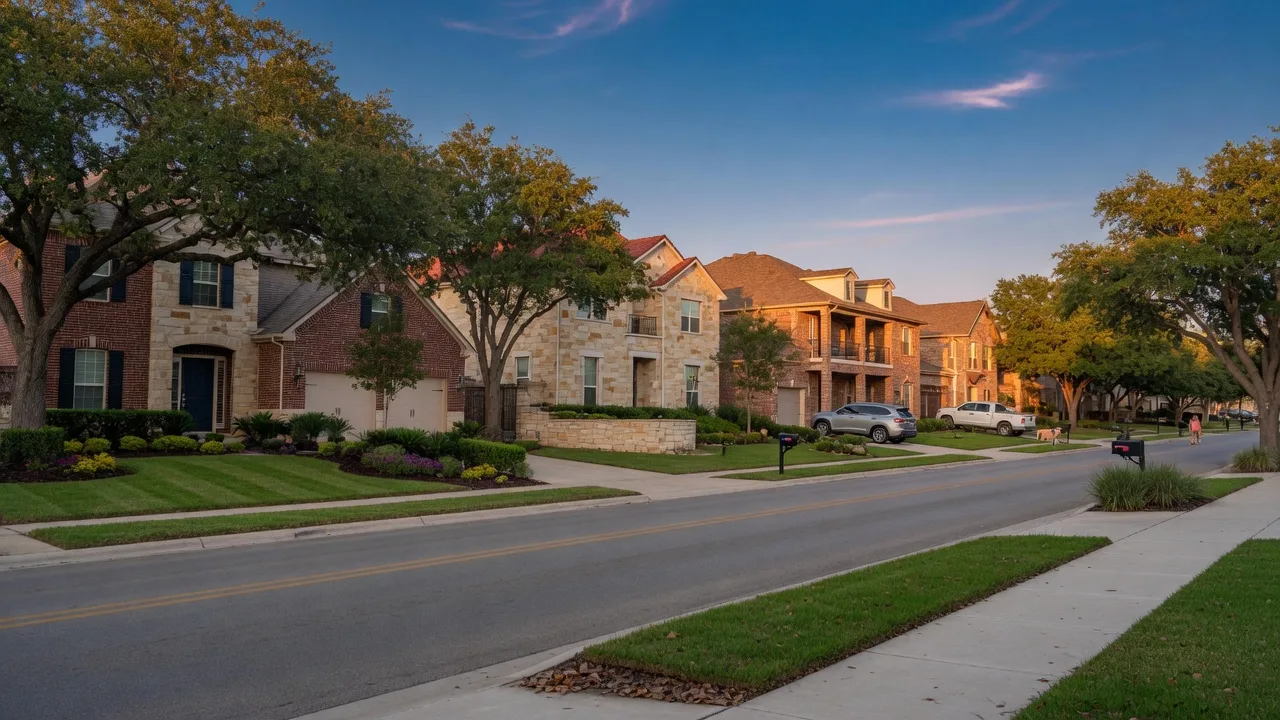 Golden-hour suburban street of modern brick and stone homes in northwest San Antonio