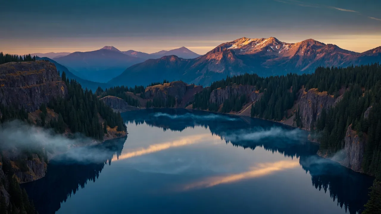 A deep blue mountain lake at dusk ringed by dark pines and layered ridges