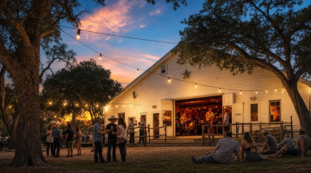 Historic Gruene Hall in New Braunfels at golden hour, warm amber light spilling from open doors onto the wooden porch, string lights overhead, live oak trees framing the scene
