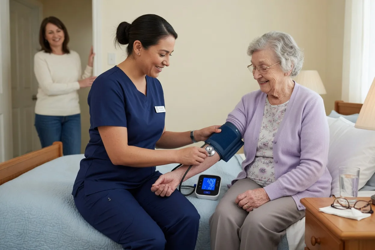 A nurse gently checking an elderly patient's blood pressure at home while family members sit softly in the background