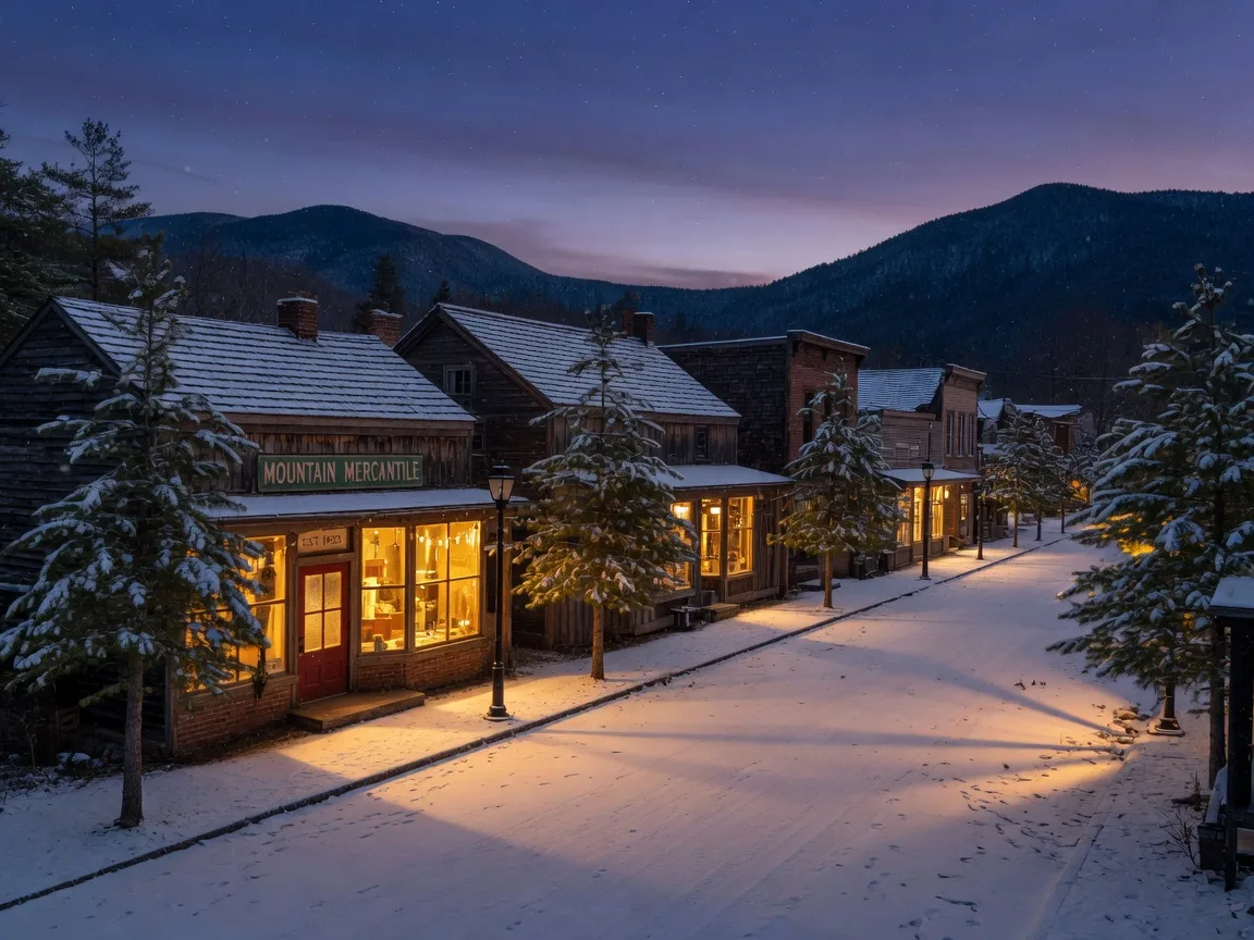 A quiet mountain town street with snow on the rooftops and warm light in the shop windows