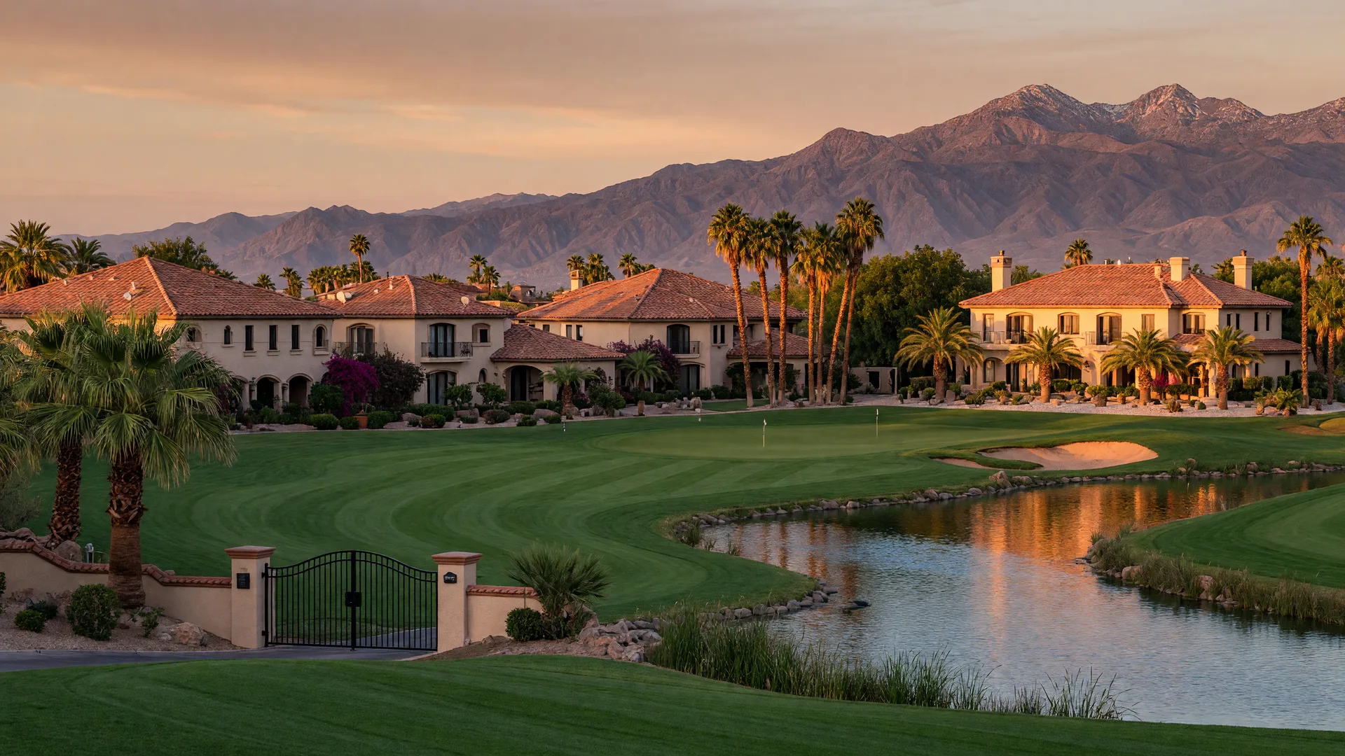 Guard-gated golf community in northwest Las Vegas with a manicured fairway and Mediterranean estate homes in golden-hour light