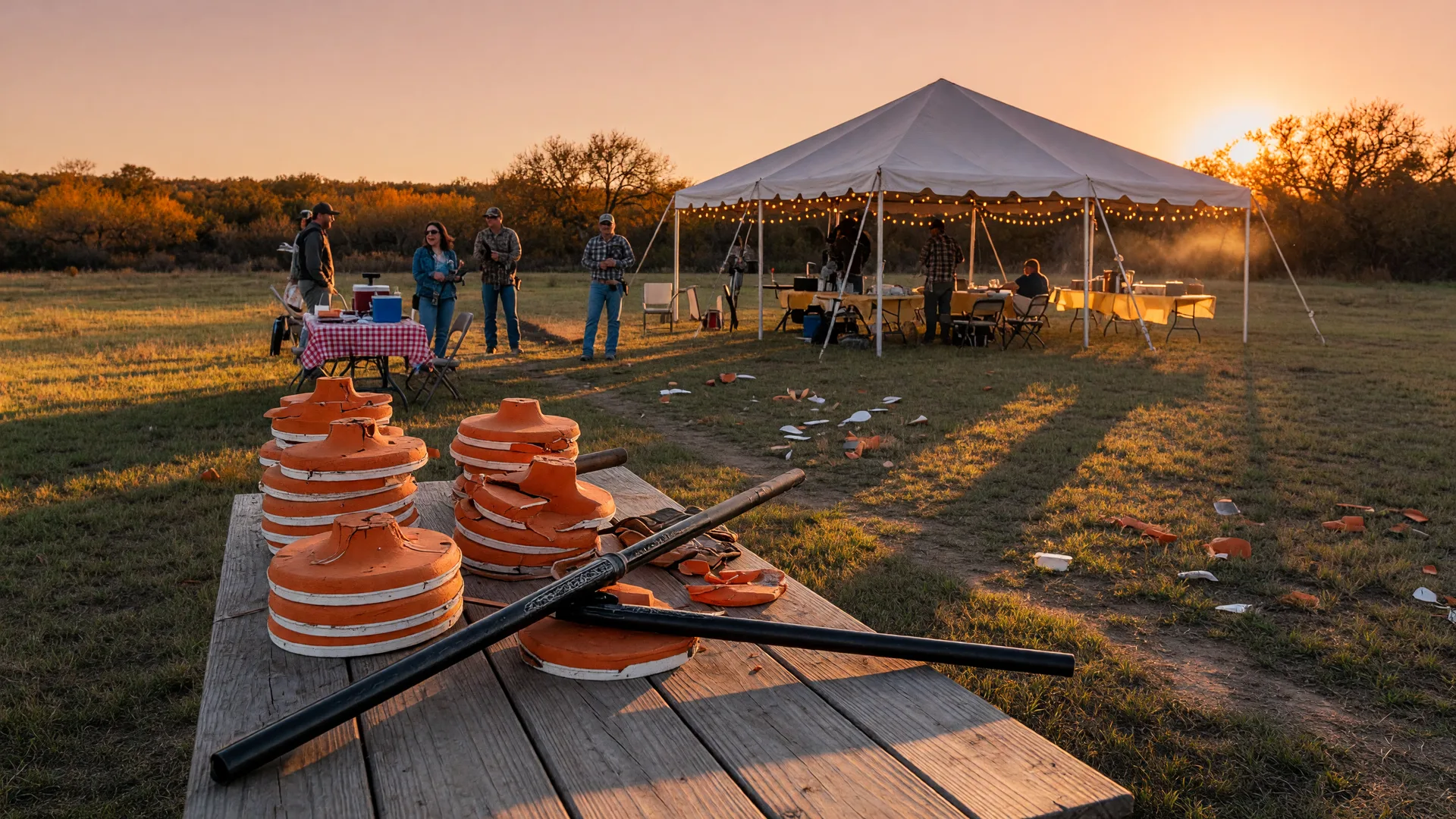 A Texas clay-target shooting range at golden hour with orange clay targets on a table and an event tent with string lights in the distance