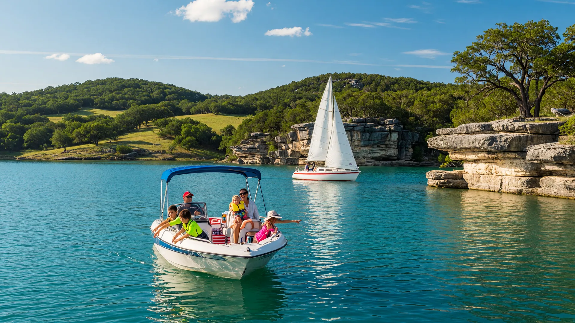 Family enjoying a boat ride on Canyon Lake — sparkling turquoise water, limestone cliffs, green hills, and a sailboat under a bright blue sky
