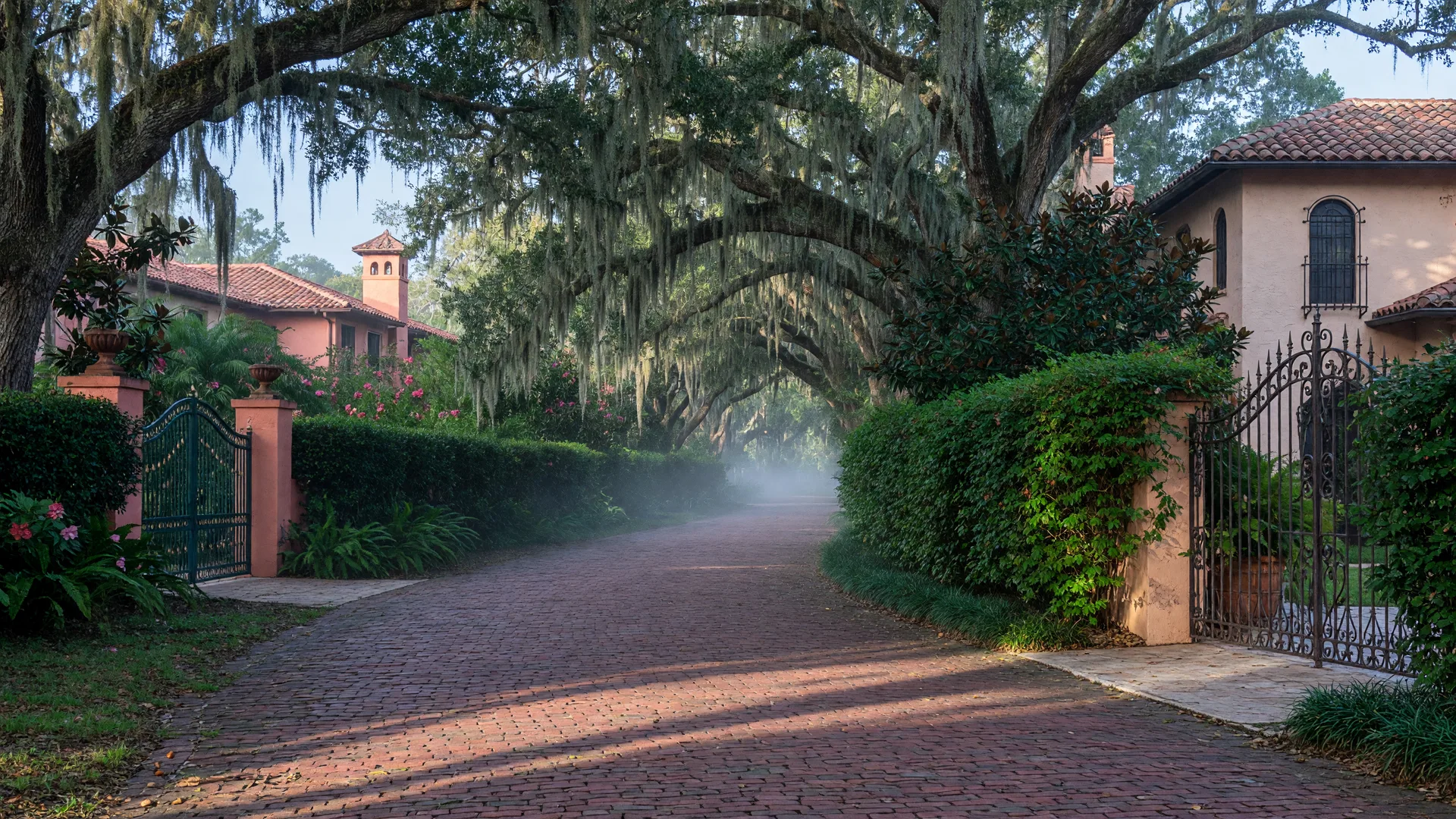A quiet brick paved lane in Winter Park canopied by live oaks in soft morning light