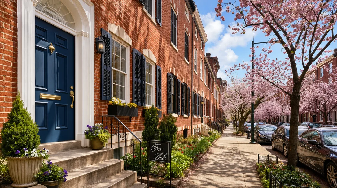 Classic Philadelphia brick rowhome in Washington Square West with a For Sale sign and blooming cherry trees on a tree-lined street
