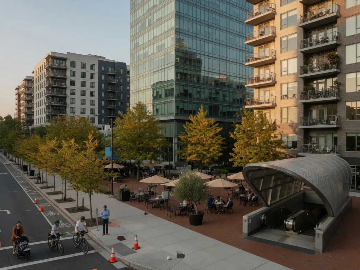 The walkable urban center of Ballston in Arlington, Virginia on a late-September afternoon, a glass office tower rising behind a tree-lined plaza with cafe patios, pedestrians and cyclists near a Metro station entrance, and mid-rise apartment buildings with balconies along the street