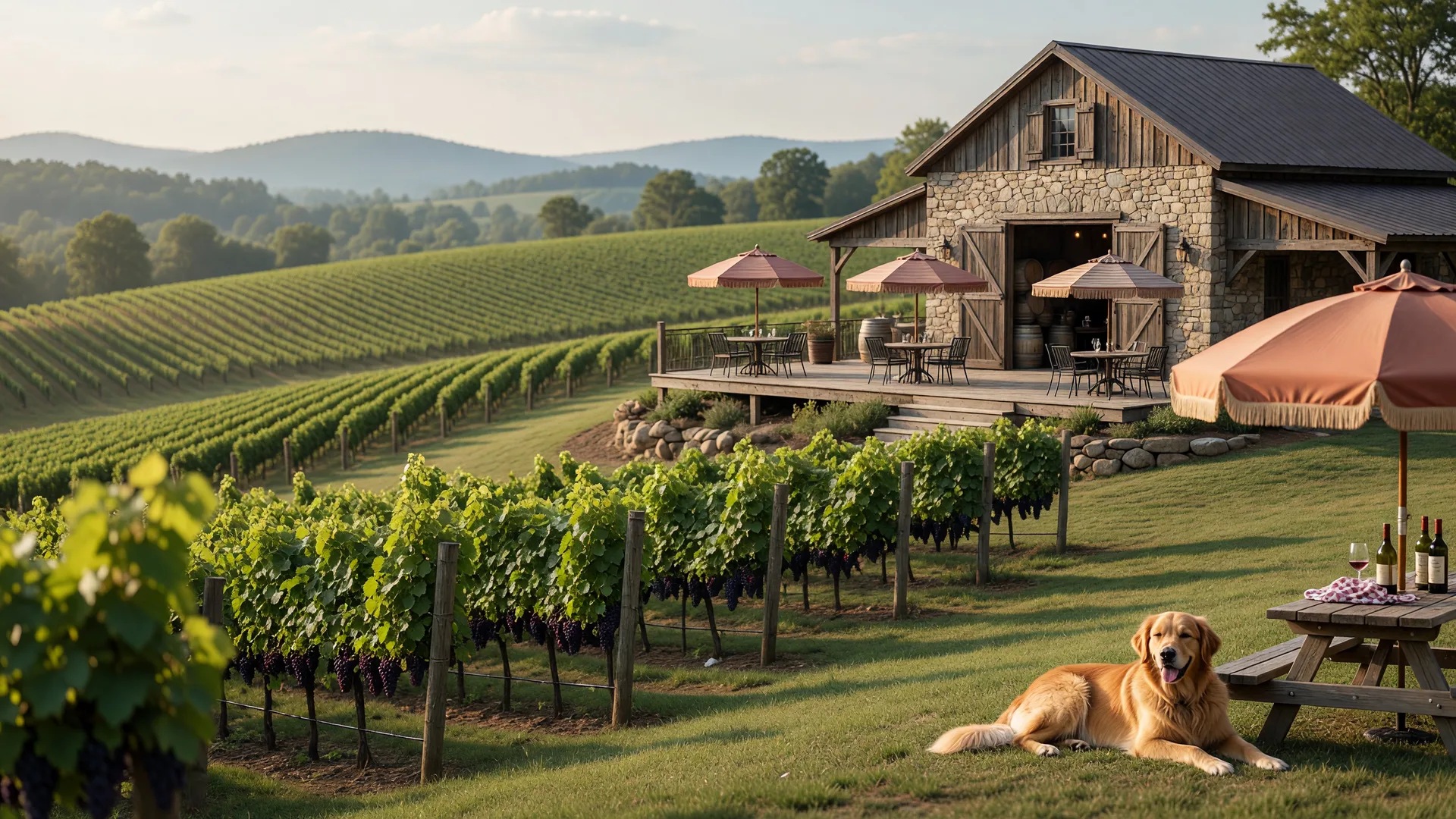 A scenic Virginia vineyard in the rolling Piedmont hills of Fauquier County with rows of grapevines leading to a rustic stone winery building and patio seating