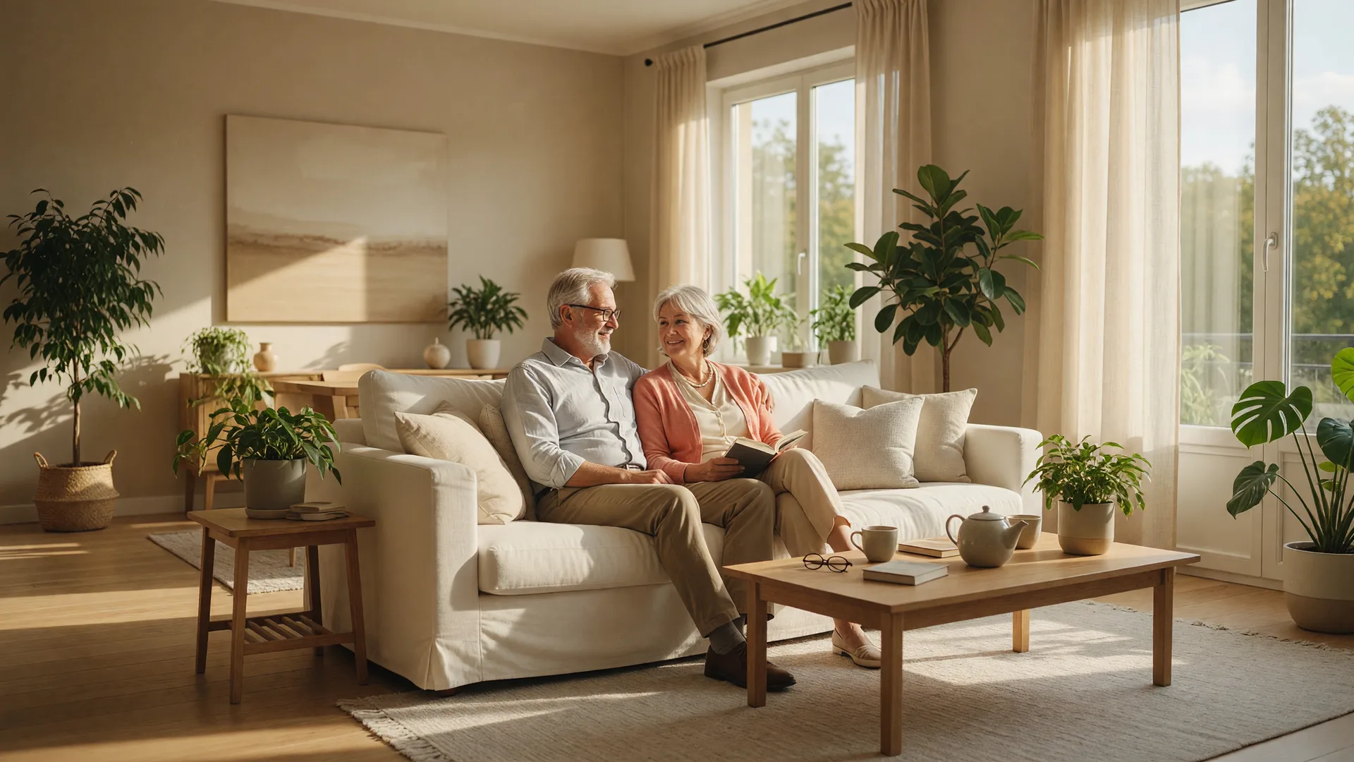 A couple relaxing in a bright, open living room with natural light and minimal clutter