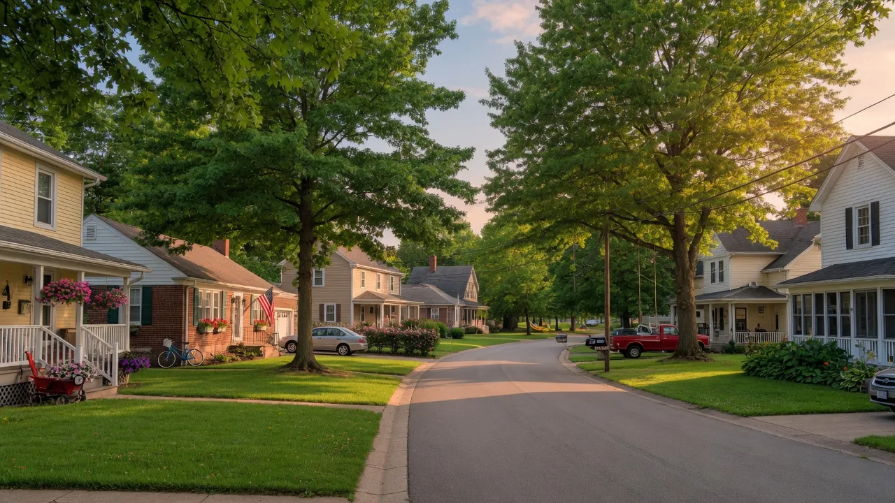 A tree-lined residential street in Bellbrook, Ohio with well-maintained homes, mature trees, and warm afternoon sunlight