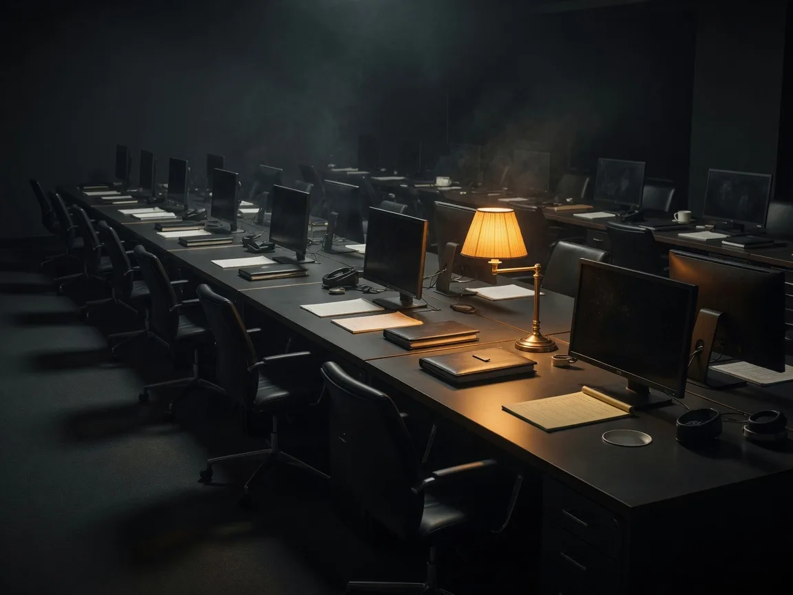 A dark row of empty brokerage desks at night with one warm lamp still lit, symbolizing the single agent still deciding whether to stay
