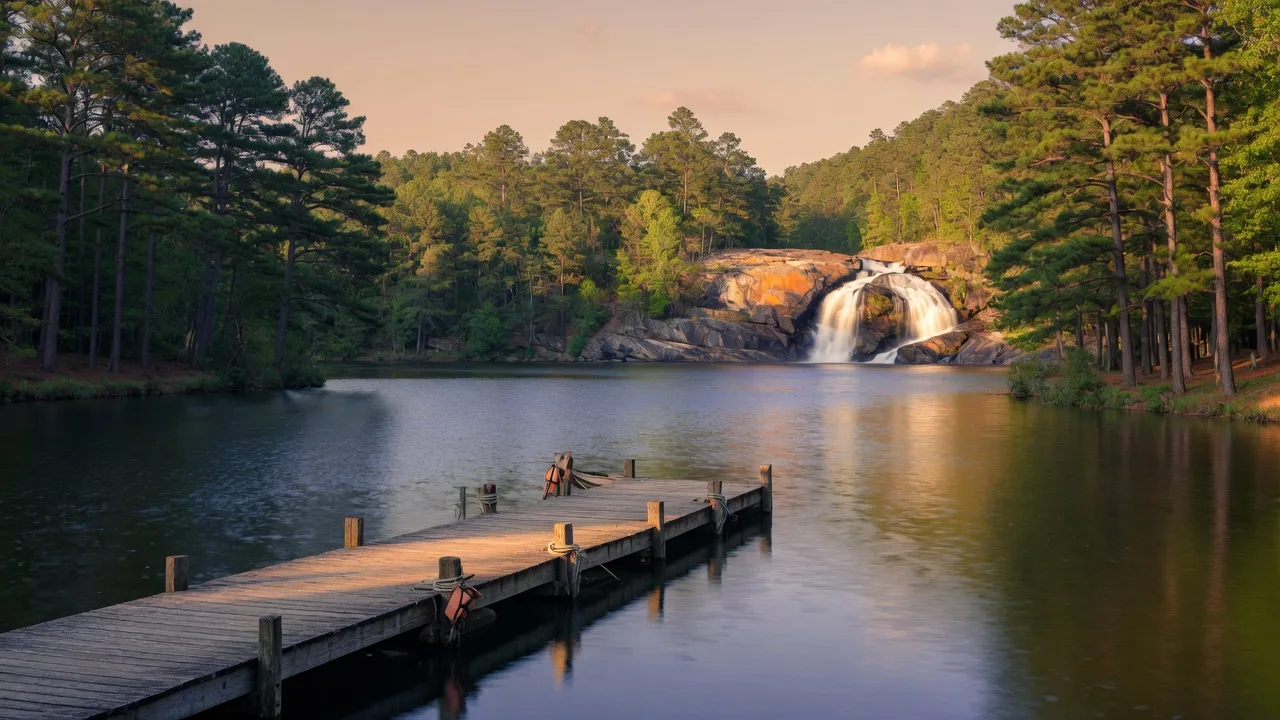 Calm lake with a wooden dock and pine forest near High Falls State Park in Monroe County, Georgia