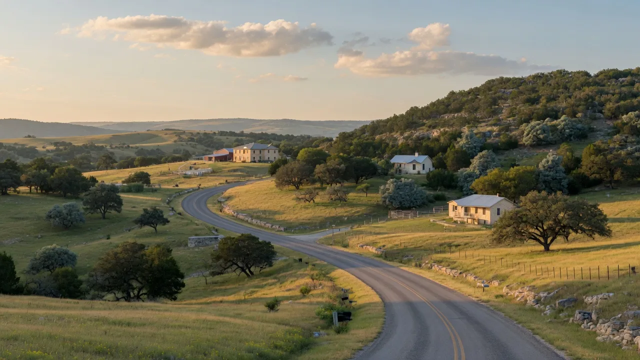 Rolling Texas Hill Country between Boerne and Bulverde with live oaks and a country road at warm afternoon light