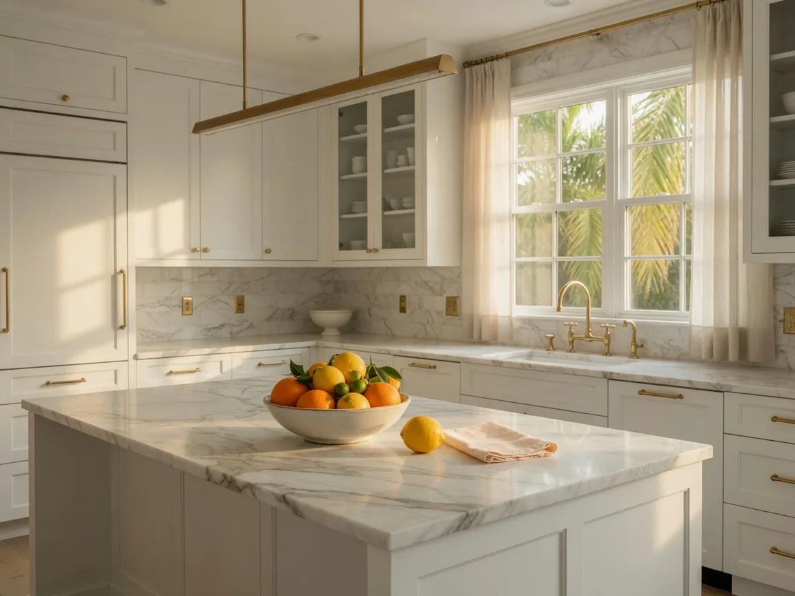 A freshly renovated luxury kitchen with marble countertops and brass fixtures