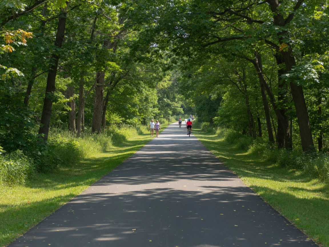 A paved multi-use trail running through mature trees on a warm sunny day with a few distant cyclists