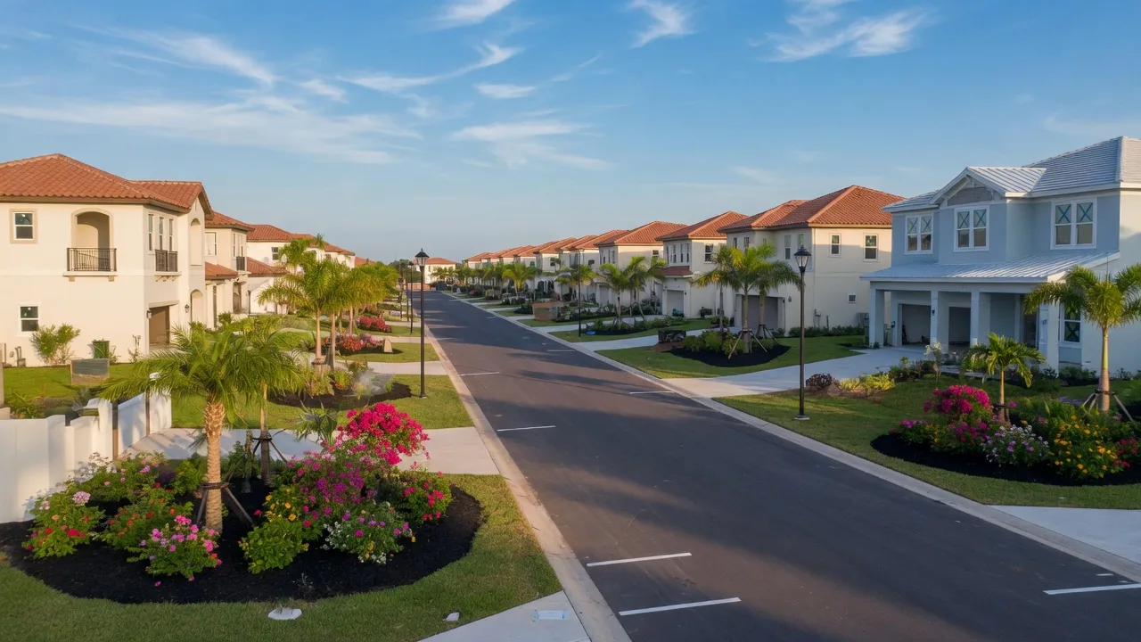 A broad boulevard in a master-planned community in Parrish, Florida with tropical landscaping, new homes, and palm trees under a clear blue sky