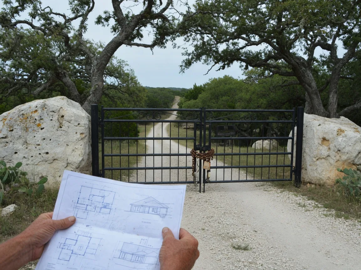 A Texas Hill Country property entrance with a locked gate and a chain across a private driveway, surrounded by limestone boulders and live oaks, showing an access road easement issue