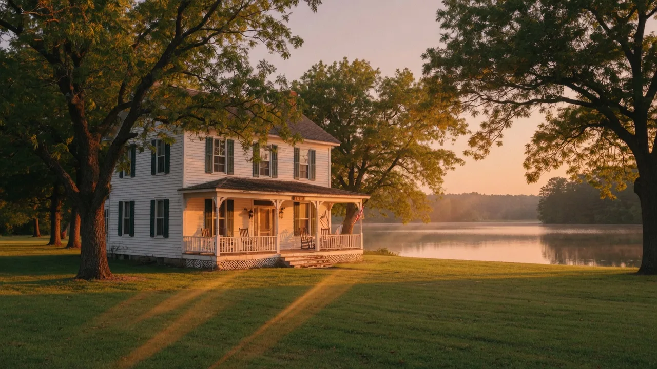 Historic 1873 farmhouse at golden hour with mature pecan trees and Lake Hartwell visible through the tree line