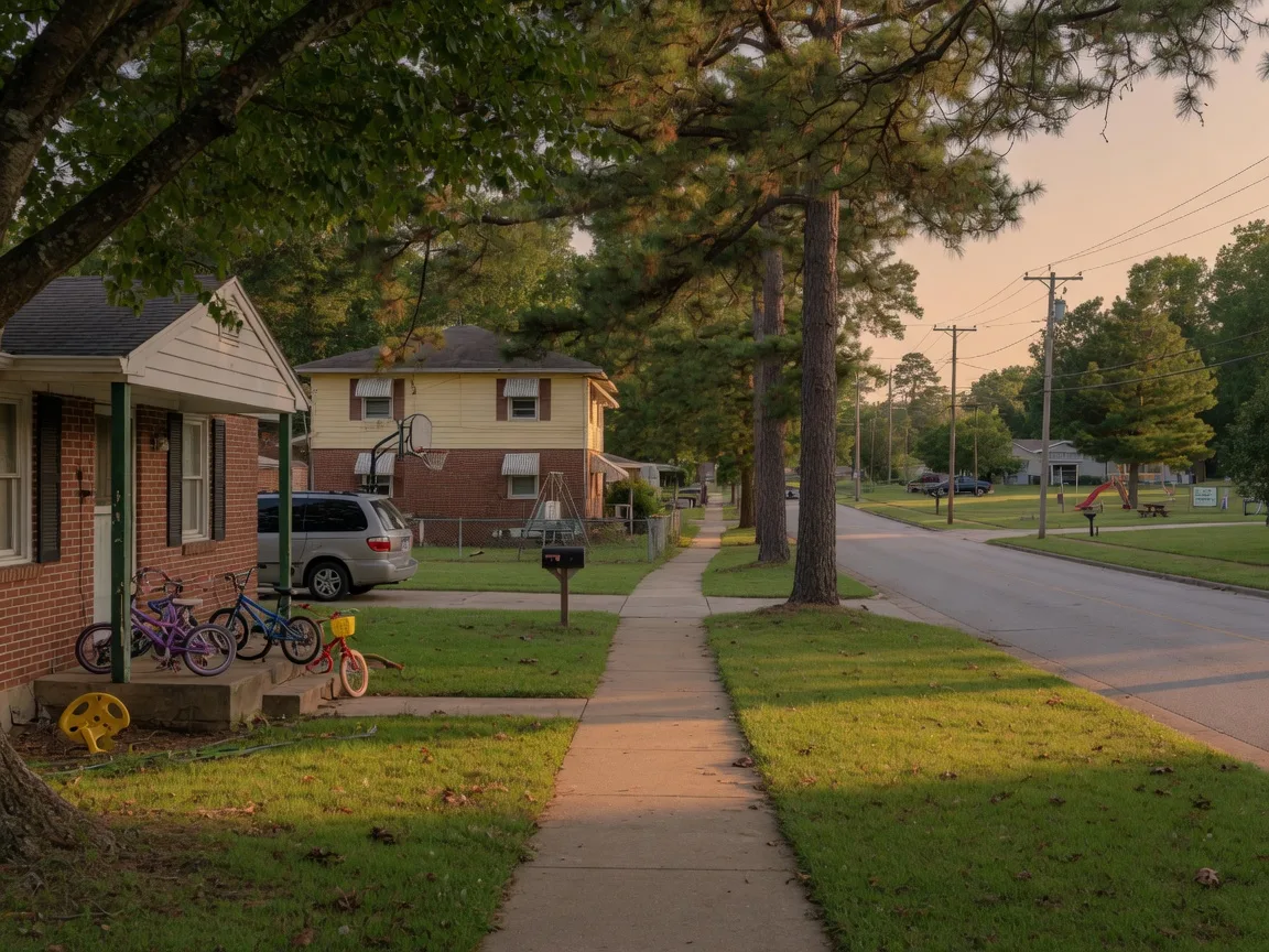 Quiet family neighborhood in DeKalb County with brick and siding homes, green lawns, a sidewalk, shade trees, and a park down the block