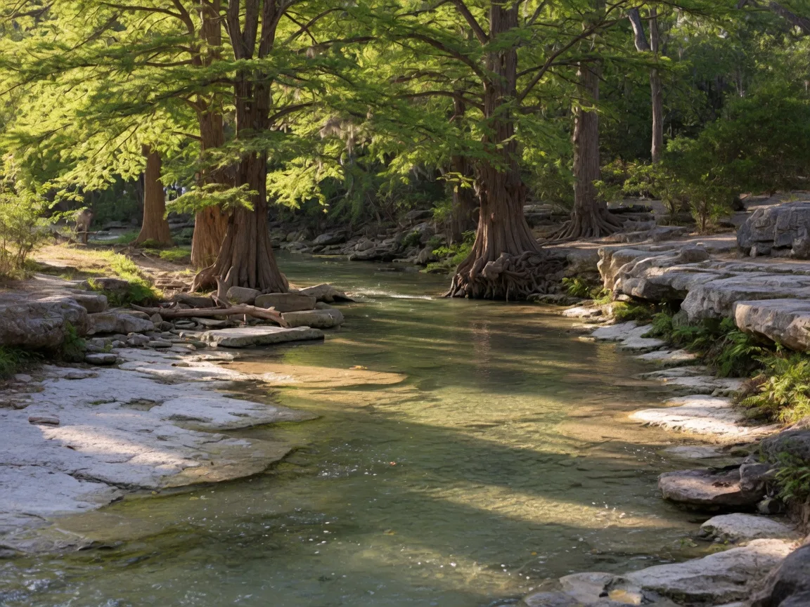 Clear Hill Country creek with limestone banks and cypress trees near Driftwood Texas