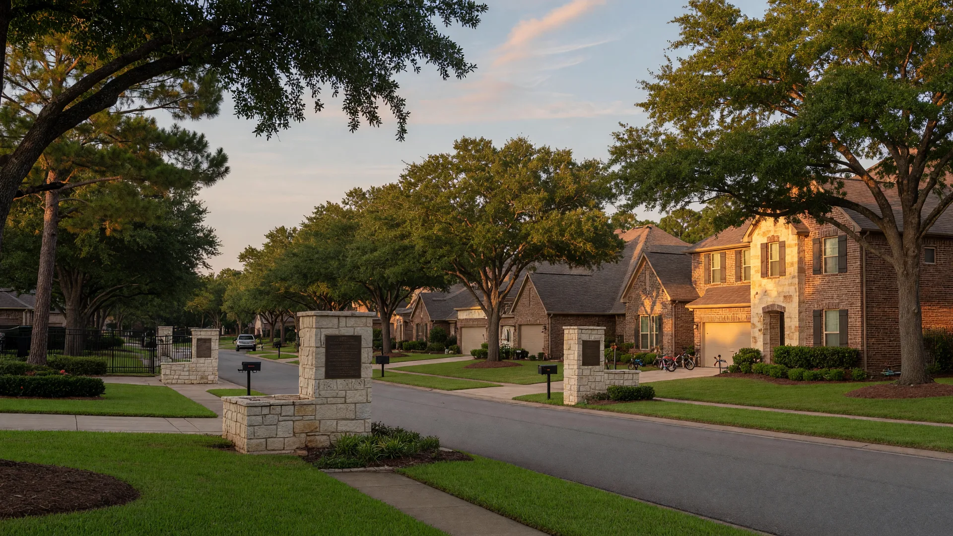 A tree-lined street of two-story brick and stone homes in the Atascocita master-planned community at golden hour