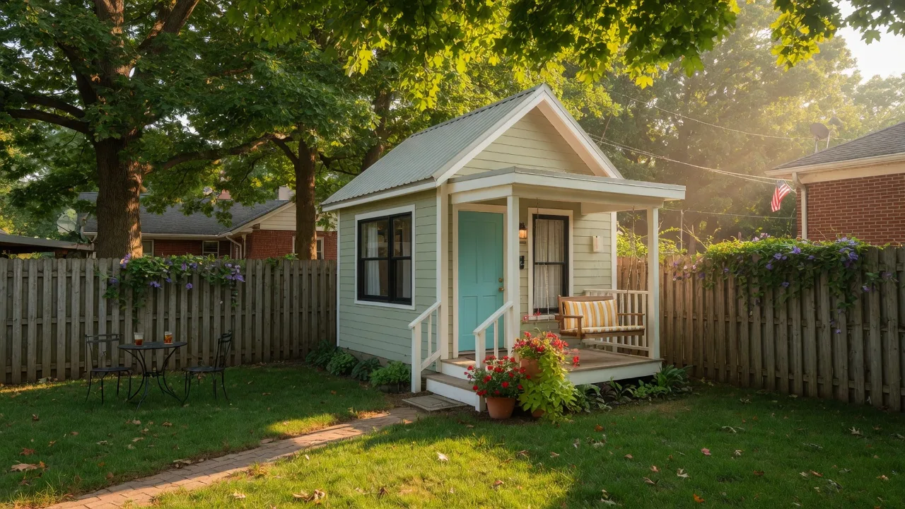 A small detached backyard cottage with a covered porch and large windows in a Dayton Ohio neighborhood on a warm summer afternoon
