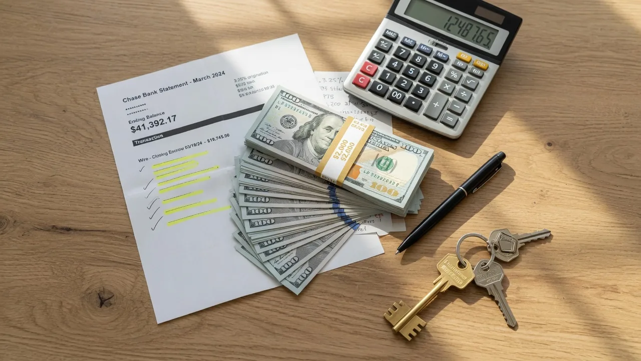 Overhead flat lay of closing cost documents, calculator, US currency, and a brass house key