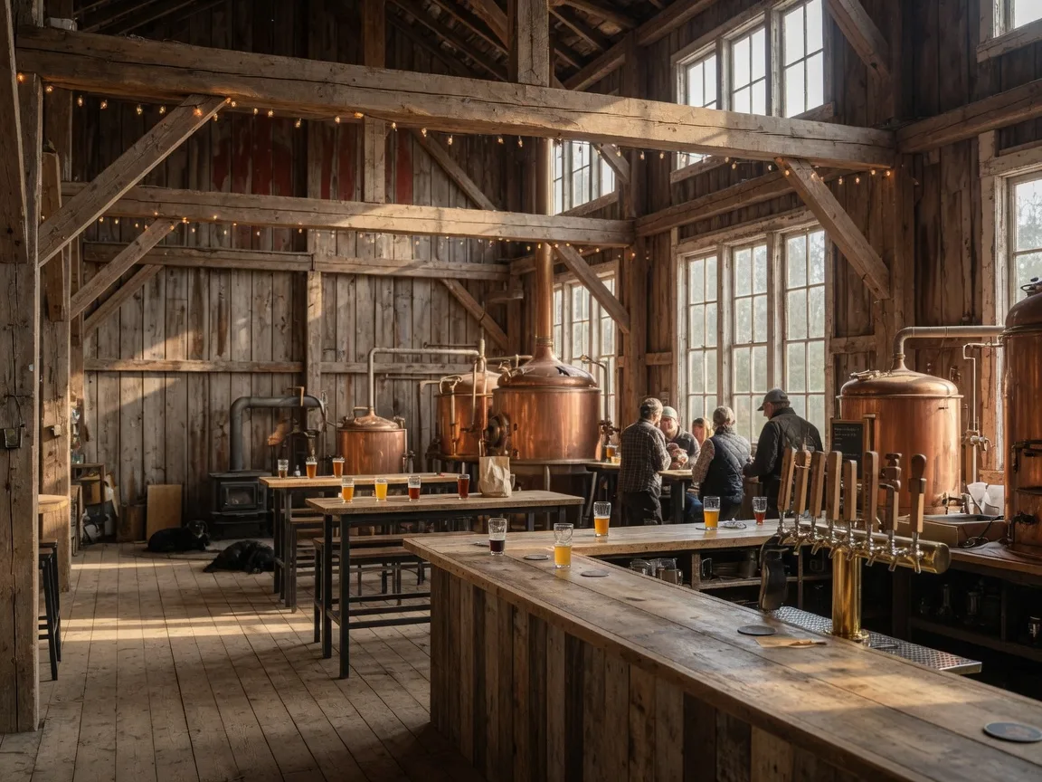 Rustic craft brewery tasting room inside a converted barn at Church-Key Brewing in Campbellford