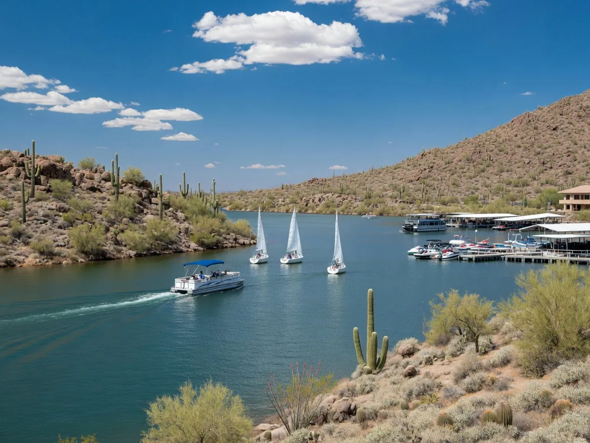 Boats and calm water at Lake Pleasant Regional Park with desert hills around the shore