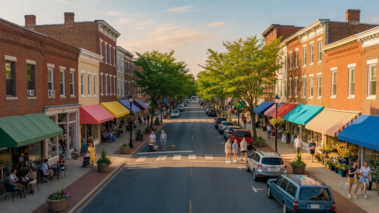 State Street in Media, Delaware County with historic buildings and outdoor dining
