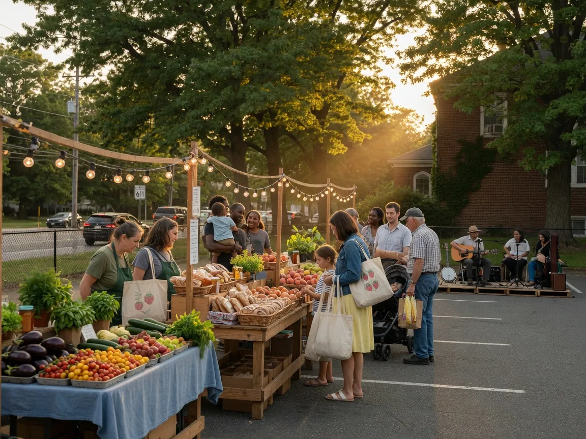 The Jenkintown Farmers Market on a Thursday evening near the library on Route 611, with vendors under string lights, a small band playing, and neighbors browsing with tote bags in golden-hour light