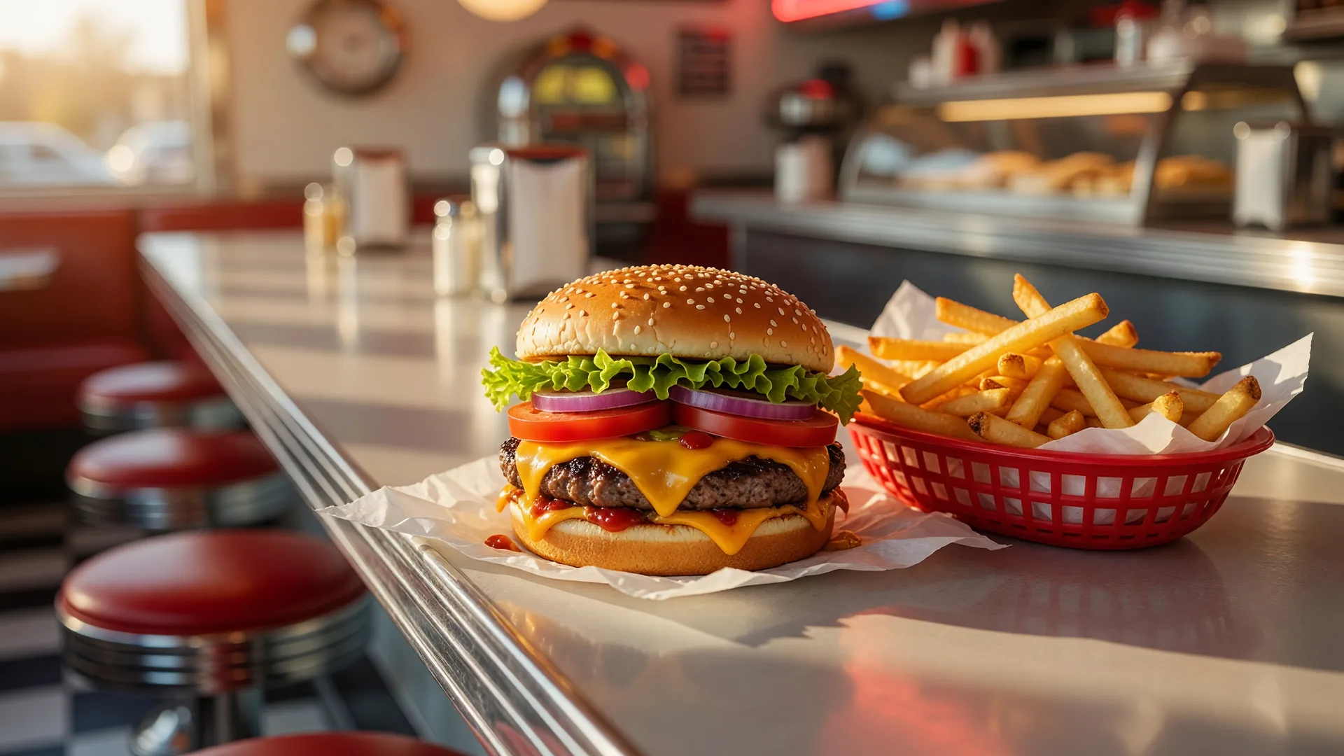 A classic American cheeseburger and crispy fries on a diner counter with vintage red vinyl stools blurred in the background, warm nostalgic lighting