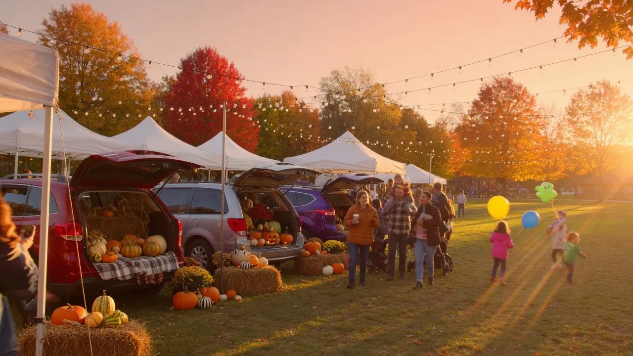 A fall community festival in a suburban park with white vendor tents, strings of lights, decorated booths with pumpkins and hay bales, and families strolling between them in warm golden-hour light