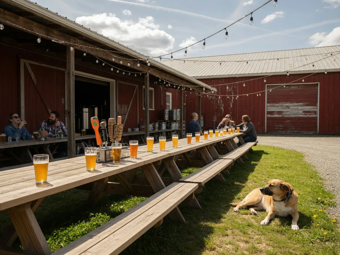 A sunny craft brewery patio in Northern Virginia with wooden picnic tables, people enjoying beers, string lights overhead, and a friendly labrador lounging on the grass nearby