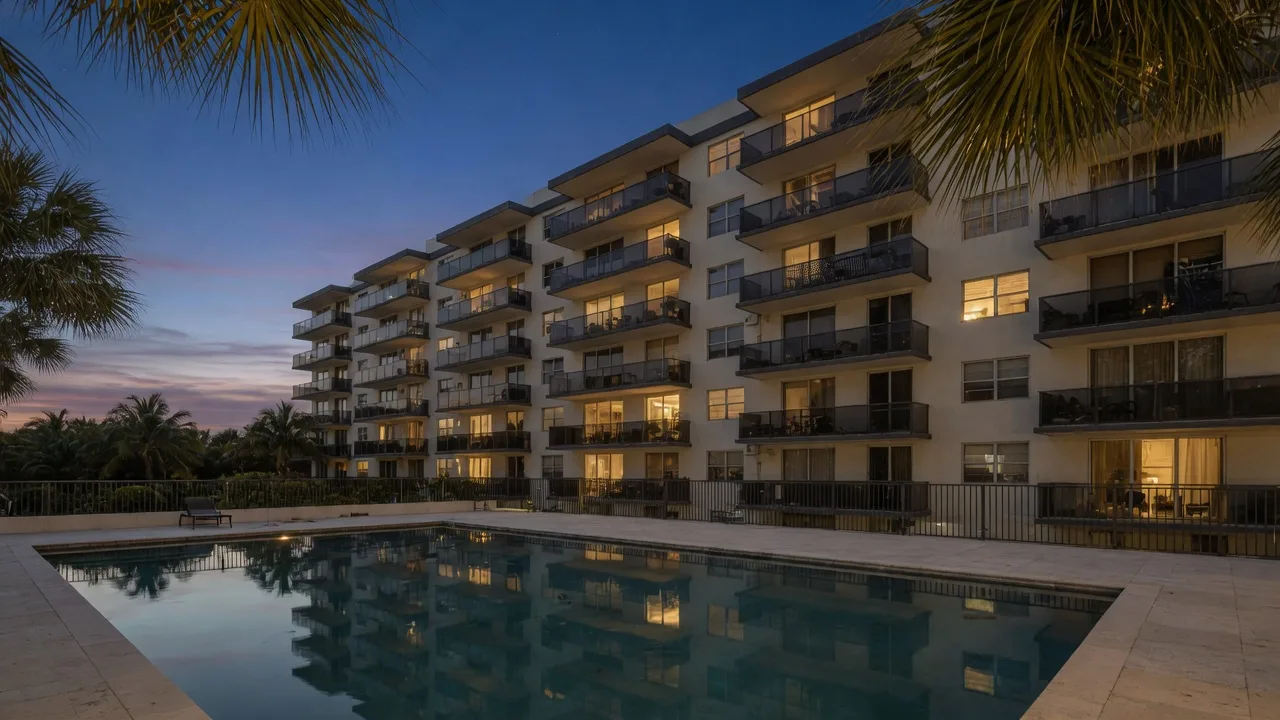 An elegant Florida condominium building with cream and charcoal balconies, lit windows, and a pool at dusk