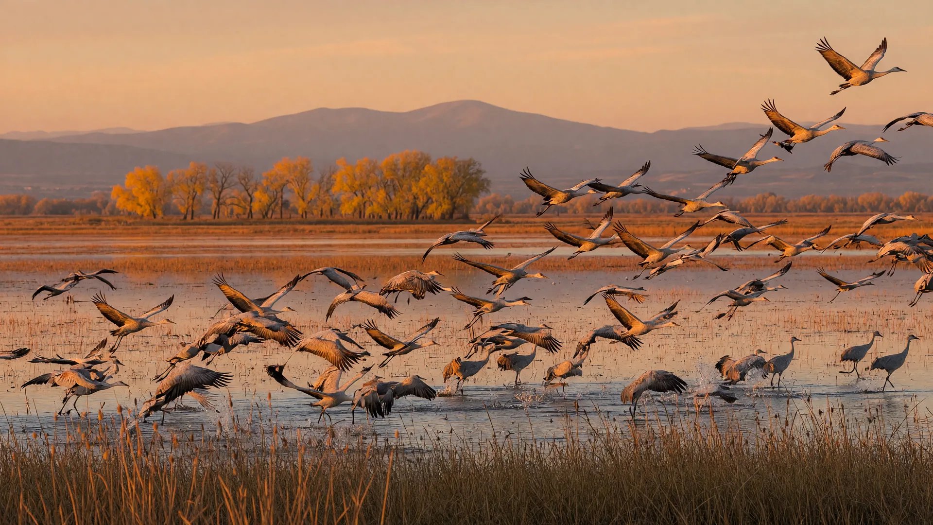 Hundreds of lesser sandhill cranes taking flight over a golden-hour wetland at Merced National Wildlife Refuge in late October, dry grasses in the foreground, cottonwoods turning gold along the water, and the hazy Sierra Nevada foothills on the horizon