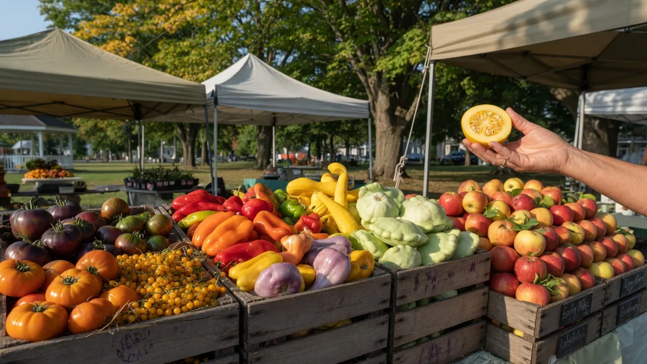 Wooden crates of tomatoes, squash, peppers, and apples at a small-town September farmers market