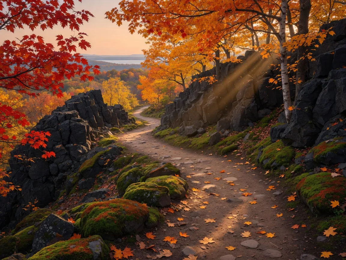 A rocky traprock hiking trail on West Rock Ridge lined with sugar maples, oaks, and birches in orange, gold, and red autumn color