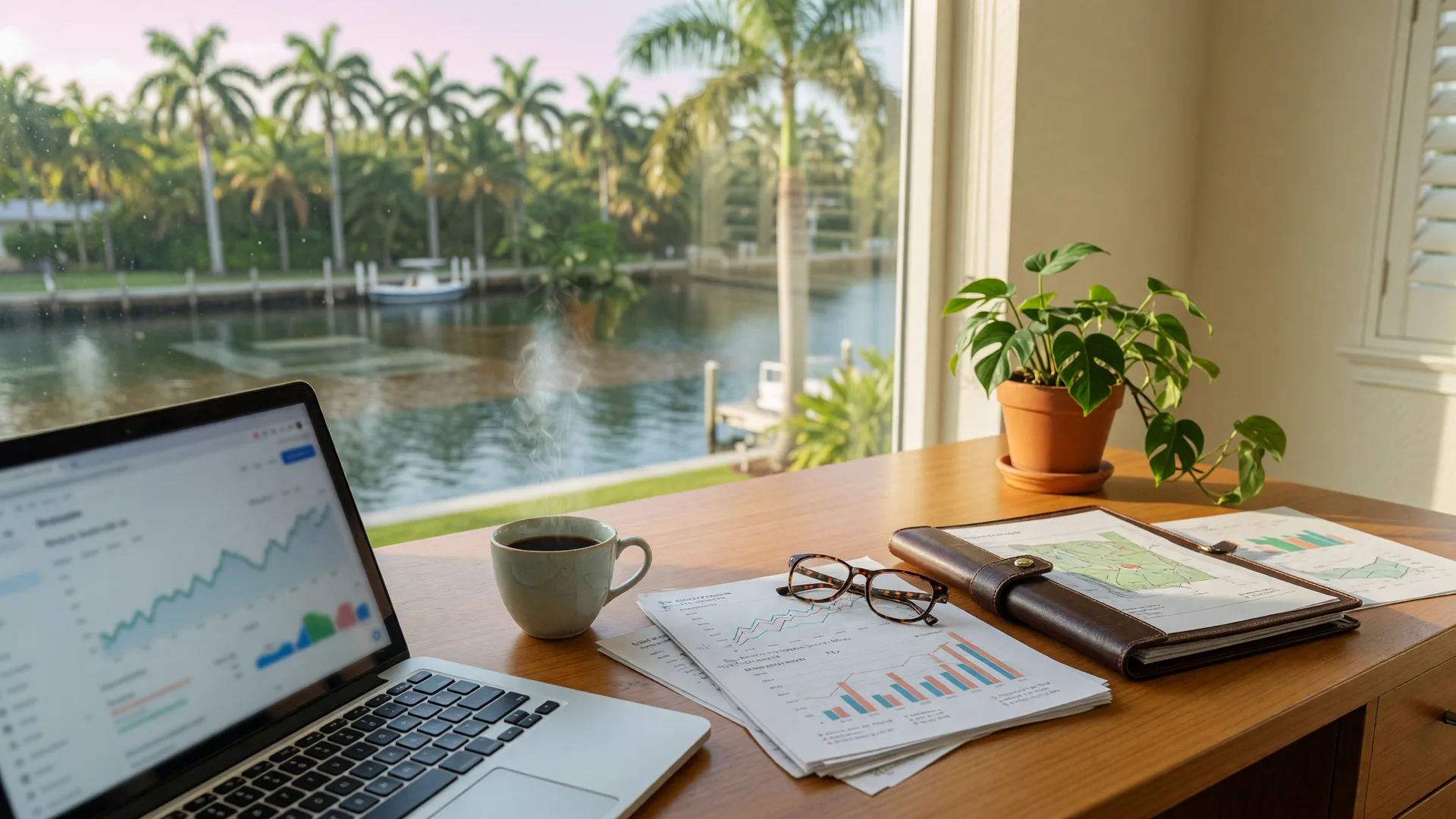 A real estate planning advisor's desk overlooking palm trees and a Florida canal
