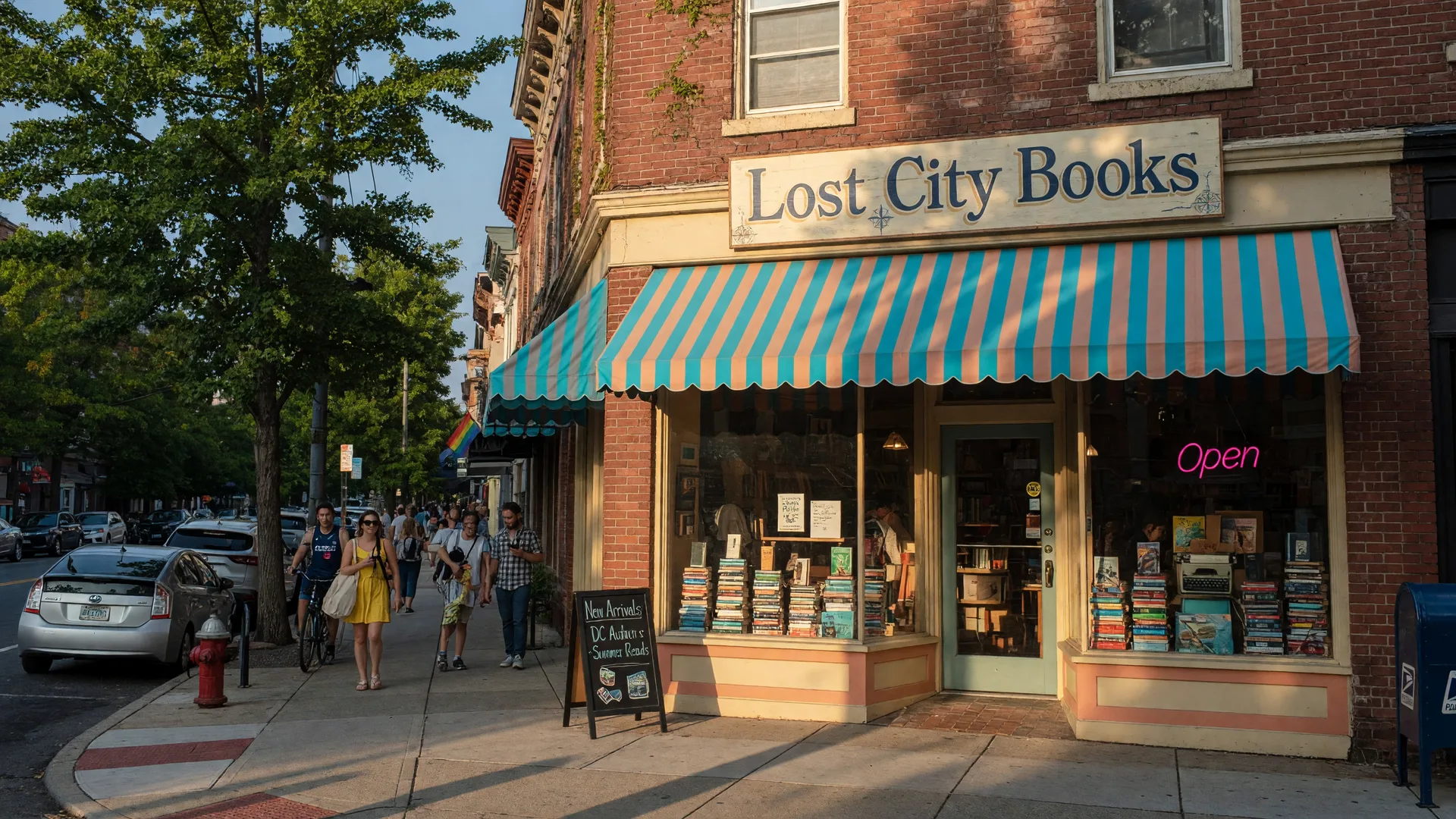 Brick storefront of Lost City Books on 18th Street NW in Adams Morgan, Washington DC with a wooden sign, colorful awning, display windows full of books, and pedestrians on the sidewalk in late afternoon golden light