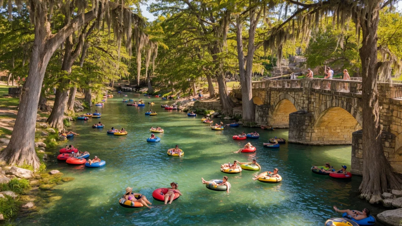 Clear turquoise Comal River with inner tube floaters under cypress trees in New Braunfels, Texas